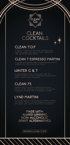 a black and gold menu with the words clean cocktails on it