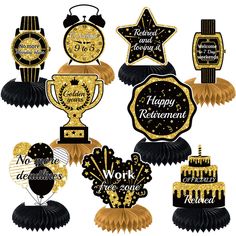 black and gold retirement party decorations with stars, balloons, cake toppers, and cupcakes