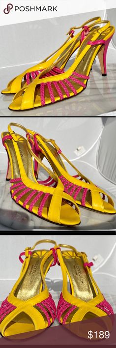 🆕 Hollywould Braided Neon Strappy Heels Italy Hollywould braided strappy  neon sandals heels  Vintage yet brand new!  Bright neon yellow and pink Sling backs  Soft leather upper, lining, sole  Wrapped 4” heel Padded comfort footbed  Size 8 1/2 B  Hand Made in Italy Hollywould Shoes Heels Fitted Yellow Heels With Heel Strap, Yellow Heels With Padded Heel, Fitted Yellow Heels With Padded Heel, Retro Yellow Heels For Party, Yellow Retro Heels For Party, Designer Yellow Heels For Summer, Designer Yellow Summer Heels, Yellow Open Heel Fitted Shoes, Designer Yellow Open Heel Heels