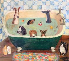 an oil painting of dogs in a bathtub