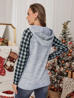 Plaid Splicing Kangaroo Pocket Buttoned Hoodie Winter Gray Patchwork Sweatshirt, Gray Patchwork Sweatshirt For Winter, Gray Fall Patchwork Sweatshirt, Casual Patchwork Hoodie Tops, Casual Long Sleeve Patchwork Hoodie, Gray Color Block Hoodie Casual, Gray Color Block Casual Hoodie, Casual Gray Patchwork Sweatshirt, Fall Patchwork Hoodie Top