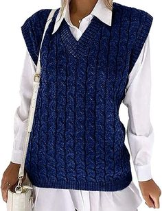 Blue Sleeveless Sweater Vest For Winter, Trendy Blue Sleeveless Sweater, Trendy Sleeveless Blue Sweater, Casual Cable Knit Sleeveless Tank Top, Sleeveless Knit Top For Fall, Blue Vest-style Sweater For Fall, Blue Knit Vest For Fall, Blue Vest Sweater For Fall, Knitted Tank Top For Fall