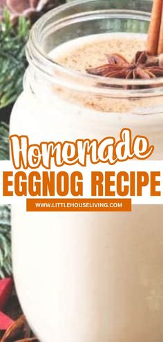 homemade eggnog recipe in a jar with cinnamon sticks