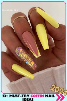 Vibrant yellow and glitter coffin nail designs with a touch of sparkle. Glossy finish, medium length, ideal for adding glam to your look. Perfect for acrylic nails, suitable for parties and festive occasions. Dip Ideas, Yellow Nails Design, Nagellack Trends, Sassy Nails, Nail Dip, Dope Nail Designs, Classic Nails, Summer Acrylic Nails, Nail Nail