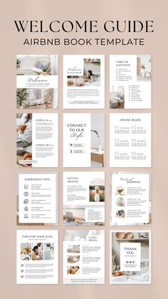 the welcome guide for an airbn book template is shown in white and beige colors