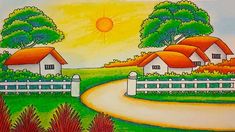 Easy Village Drawing, Oil Pastel Drawings Scenery, Binder Design Cover Ideas, Village Scenery Drawing, House Scenery, Village Scene Drawing, Road Drawing, Village Drawing