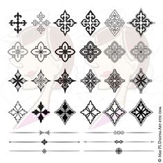 the different types of crosses are shown in black and white, with an ornate border