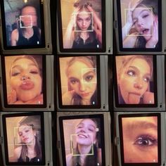 nine televisions with different images of women on them, all showing their faces and making funny faces