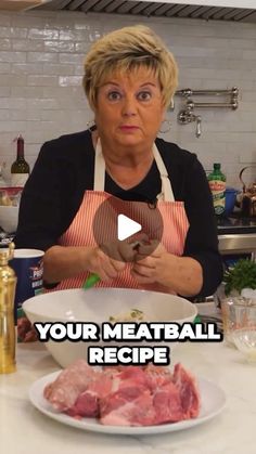 a woman in an apron is making meatballs on a plate with the words, your meatball recipe