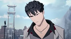 an anime character with black hair standing in front of a tall building and looking at the camera