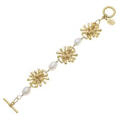 Handcast Gold Firecracker and Pearl Bracelet 24kt triple gold plated Genuine Freshwater Pearls Handmade in San Antonio, TX Gold Starburst, Freshwater Pearl Bracelet, Toggle Bracelet, 24kt Gold, San Antonio Tx, Freshwater Pearl Necklaces, Pearl Bracelet, San Antonio, Handmade Bracelets