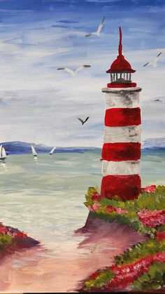 a painting of a lighthouse with seagulls in the background