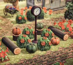 an animated image of a garden with pumpkins and trees