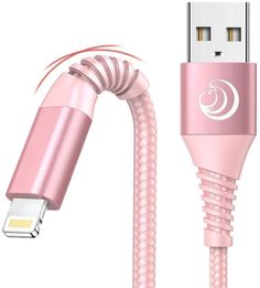 the pink braided lightning charger is plugged into an iphone charging cable with one end