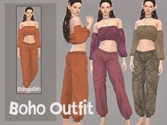 three different poses of women in brown and purple outfits, with the words boho outfit on