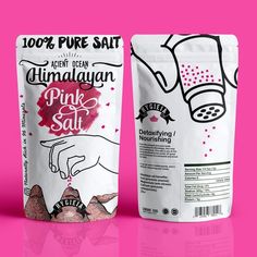 two bags of pink salt sitting next to each other on a pink background with the words, 100 % pure salt