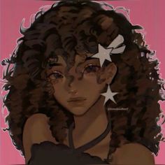 a drawing of a woman with stars on her head and long curly hair in front of a pink background