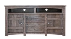 a wooden entertainment center with two doors and three drawers on one side, an open shelf above the other