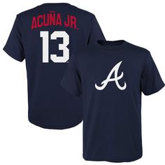 PRICES MAY VARY. Officially licensed by the MLB Decorated in team colors and logo Team logo on front with player name and number on back Premium screen printed graphics Tagless collar for added comfort This MLB Ronald Acuna Jr. Atlanta Braves Toddler Navy Player Name & Number Jersey T-Shirt is a must-have for any young baseball fan. It is made from 100% cotton and features the official team logo and colors, as well as the player's name and number on the back. The shirt is machine washable and is Atlanta Braves Jersey, Ronald Acuna Jr, Brave Kids, Navy Blue T Shirt, Baseball Fan, Blue Tee, Navy Blue Color, Atlanta Braves, Sport Event