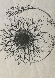 a black and white drawing of a sunflower on a piece of paper with space in the background