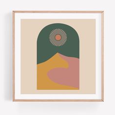 an art print with the shape of a mountain and sun on it's face