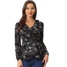 Elevate your wardrobe with the Allegra K Women's Floral Print V-Neck Wrap Shirt, a piece that combines timeless elegance with a touch of springtime flair. This exquisite top features a cross V-neckline and a wrap-style bodice, tailored to enhance your silhouette.

- **Size:** X-Small
- **Color:** Black-Floral
- **Material:** Lightweight chiffon
- **Gender:** Female
- **Age Group:** Adult

Adorned with a ruffle neck and a tie waist, this chiffon shirt is perfect for both office elegance and weeke Wrap Top Long Sleeve, Long Sleeve Peplum Top, Tie Waist Shorts, Chiffon Wrap, Ruffle Fabric, Peplum Shirts, Cowl Neck Long Sleeve, Wrap Shirt, Tie Neck Blouse