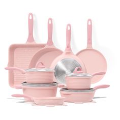 the pink pots and pans are lined up