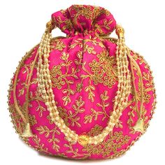 PRICES MAY VARY. Potli Bag Dimension :- H*L (cm) : 23*24 ) , (H*L: 9* 9.5( Inch) (Handle Dimension :- H* L (cm) 20*14) (Type:- Drawstring) (Color :-Rani Color ,Golden embroidered) (Size :- Small Regular ) (Material :- Satin ) An Ethnic Stylish Bridal Potli Bag work out positively for both Indian and Western outfits and are magnificent for Wedding and Festive gatherings wherein it will perfectely go with your Designer Saree , Lehnga or some other dress.It can be a standout amongst other present f Return Gifts Indian, Embroidered Clutch Purse, Indian Wedding Favors, Potli Bag, Indian Gifts, Embroidered Clutch, Return Gift, Potli Bags, Wedding Purse