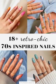 Looking for 70s inspired nails or 70s nail designs? These stunning 70s nails are retro, fun, and elevated. There’s short or natural and acrylic options, as well as almond, round, and square shaped nails to inspire you. Lots of 70s color palette inspiration including brown, blue, pink, and green design ideas. Whether you are going to the disco or not, you’ll want to try these nails! 70s Nail Colors, 70s Nail Art Design, 1970 Nails Design, Nails In The 70s, 70s Inspired Nails Short, Retro Nail Art Design, 70 Inspired Nails, 70s Gel Nails, Summer Retro Nails