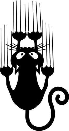 a black and white image of a cat with claws on its head, holding onto strings