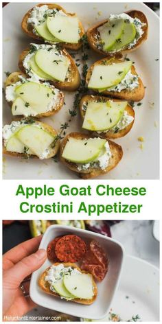 an apple goat cheese crostini appetizer is shown in this collage