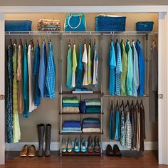 an organized closet with shoes and clothing