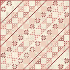 a pink and white quilt with stars on the front, in an old fashioned pattern