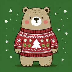 a brown bear wearing a red sweater with a christmas tree on it