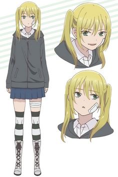 an anime character with long blonde hair, wearing school uniform and knee high socks while holding a pencil