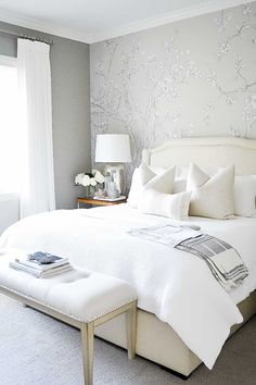 50+ grey bedroom with wallpaper accent wall Grey Wallpaper Bedroom Ideas, Wallpaper Bedroom Ideas, Female Bedroom