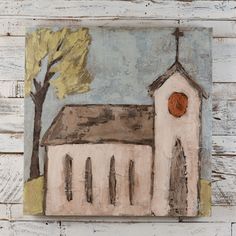 a painting of a church with trees on it