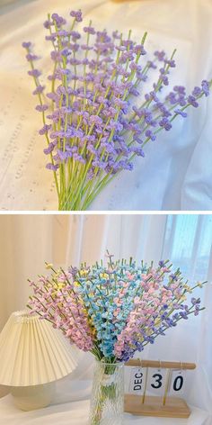 two pictures of flowers in vases on a table