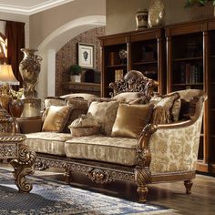 Olympia Antique Gold & Perfect Brown Sofa  / HD-610 - Ornate Home Pillows With Trim, Royal Bedroom Design, Tv Unit Design Modern, Victorian Sofa, Gold Sofa, Regal Elegance, Floral Upholstery, Traditional Sofa, Brown Sofa