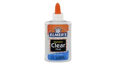 a bottle of clear glue with an orange cap on it's top and bottom