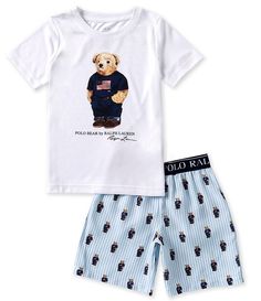 Polo Ralph Lauren Big Boys 8-20 Bear Graphic Jersey Sleep T-Shirt & Allover-Bear/Striped Patterned Woven Boxer Shorts Set | Dillard's Casual Cotton Pajama Shorts For Bedtime, Casual Cotton T-shirt For Bedtime, Cotton Crew Neck Sleepover Sets, Cotton Crew Neck Sets For Sleepover, Summer Letter Print Sleepwear Sets, Summer Letter Print Sleep Sets, Casual Graphic Print Sleep Sets, Summer Sleep Sets With Letter Print, Summer Sleepwear Sets With Letter Print