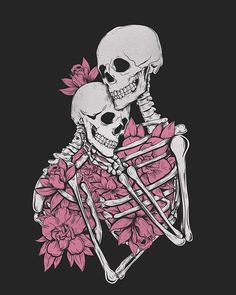 two skeletons hugging each other with pink flowers