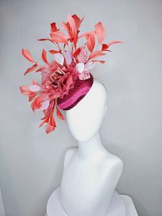 The Hat Doctor From the 2024 Featured Milliner of the Kentucky Derby Museum  kentucky derby hat fascinator magenta purple pink satin with coral red organza satin flower,coral orange feathers and white peach leaves headband attachment each hat is totally one of a kind! no two are alike! I can probably add feathers, flowers etc to existing hats for a small fee. I cannot remove anything from existing hats. Just message me and see if we can make it work! :) I cannot make custom order from scratch. M Pink Feathered Headpiece For Races, Pink Feather Fascinator For Royal Ascot, Red Fascinator For Royal Ascot Garden Party, Red Fascinator For Garden Party At Royal Ascot, Pink Feathered Costume Hat For Races, Pink Feathered Fascinator For Kentucky Derby, Pink Feathered Headpiece For Kentucky Derby, Pink Feathered Kentucky Derby Costume Hat, Pink Feathered Costume Hats For Kentucky Derby