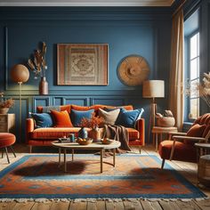 a living room with blue walls and orange couches, rugs and other furniture