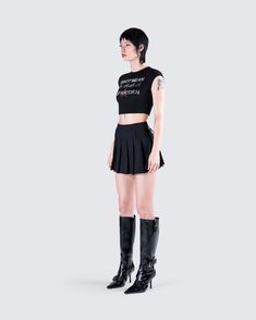 I'm not mean, I'm just a Capricorn 🖤 This two-piece set features a black graphic rhinestone top paired with a black suiting pleat mini skirt - for a look that will excuse all the attitude you give off 😏 Rhinestone Top, Graphic Top, Cargo Pant, Pleated Mini Skirt, Knit Set, A Black, Mini Skirt, Perfect Fit, Two Piece