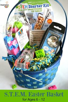 a blue basket filled with toys and other items