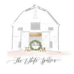 an illustration of the front of a white barn with a wreath and benches in front