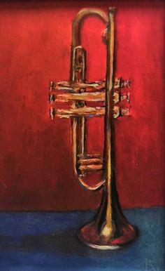 a painting of a trumpet on a red background