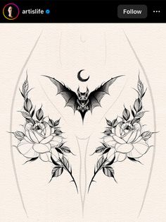 a bat and roses tattoo design on a white background