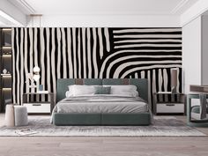 a modern bedroom with black and white stripes on the wall